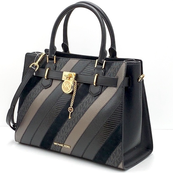 Michael Kors Hamilton Meidum Satchel Shoulder Crossbody Bag Black Multi color - Picture 2 of 16